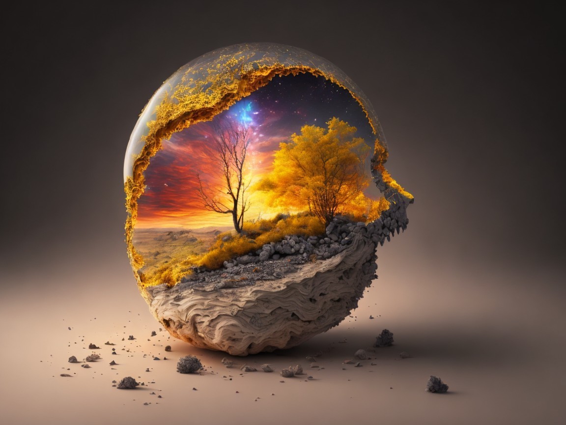 Surreal Skull-Shaped Globe with Vibrant Landscape