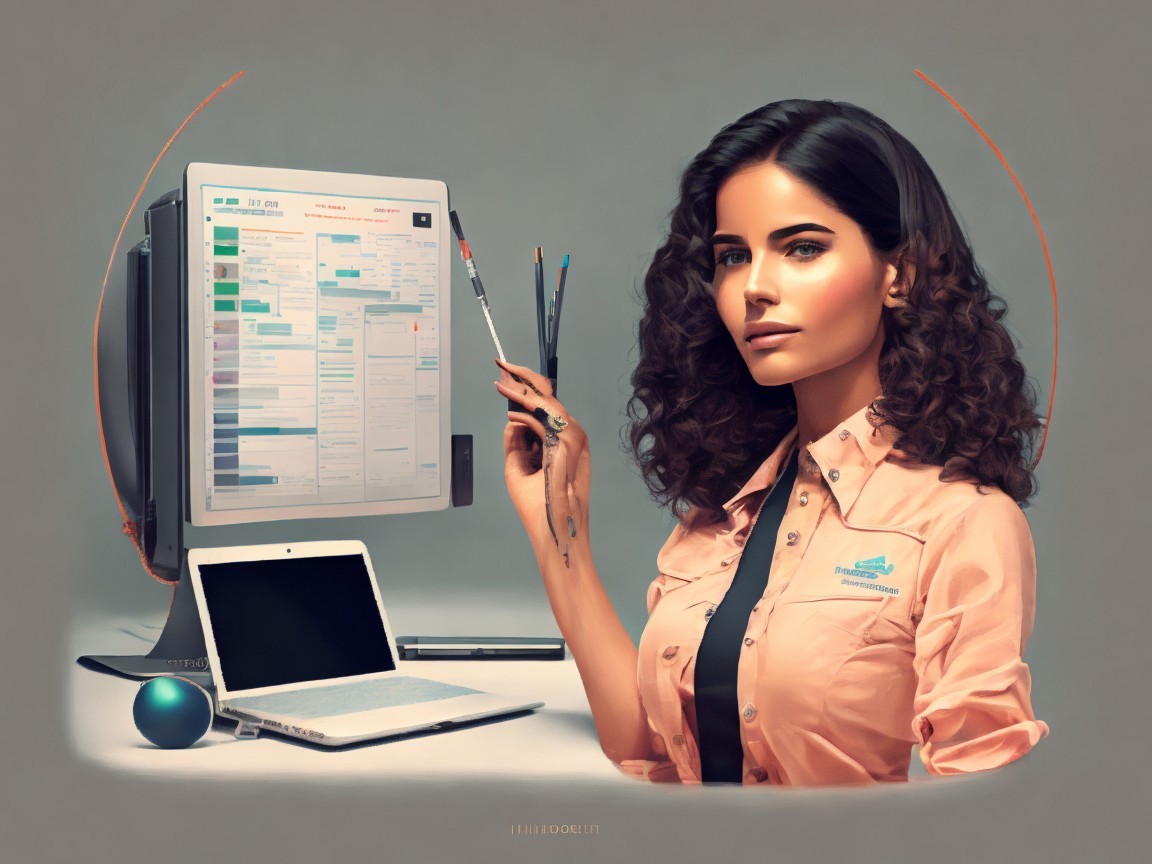 Professional Woman at Desk with Financial Graph Display