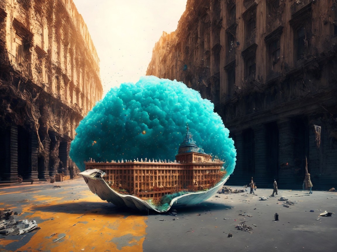 Surreal Landscape with Grand Building in Blue Cloud