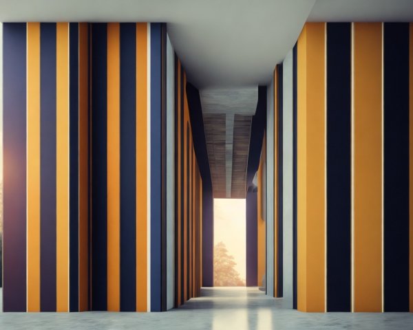 Modern architectural space with striped columns and light