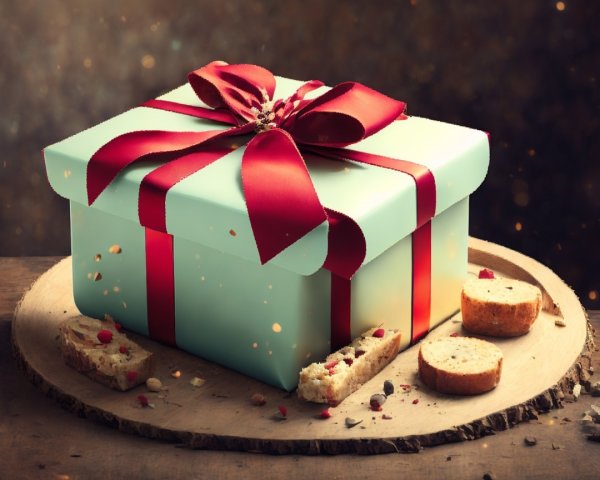 Gift Box with Red Ribbon on Rustic Platter and Cake