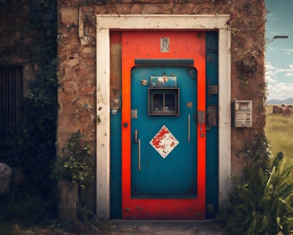 Vibrant Vintage Red and Blue Weathered Door with Accents