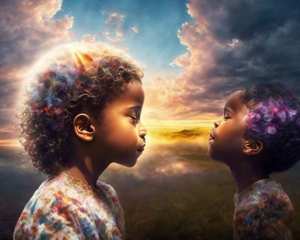 Children with Curly Hair in Surreal Sunrise Scene