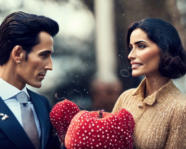 Stylish Couple in Romantic Setting with Strawberry