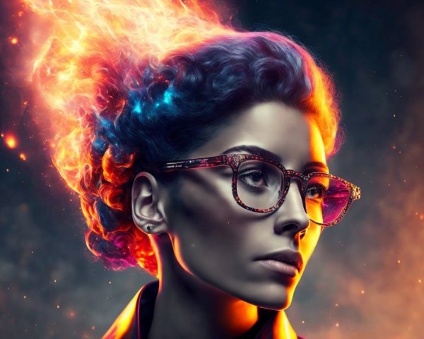 Portrait of a woman with fiery multicolored curls