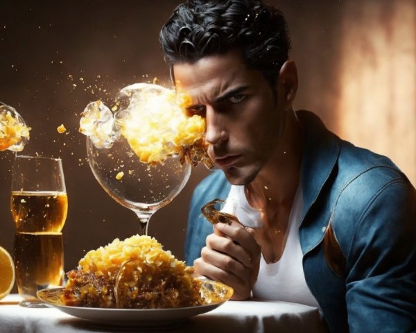 Dramatic Scene of Focused Man with Stylish Meal