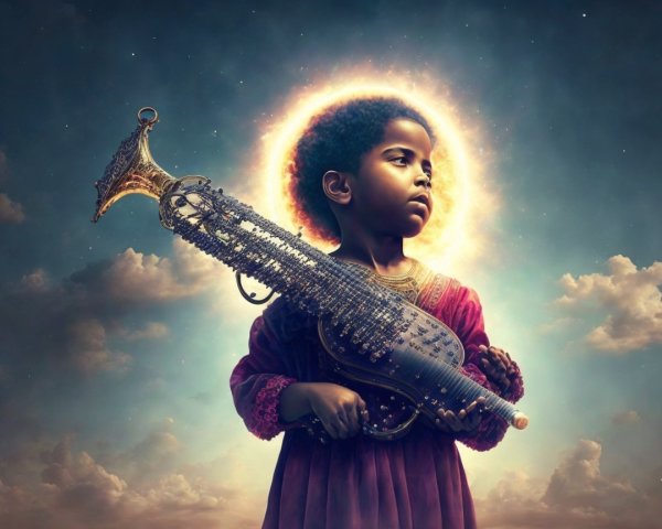 Child with Musical Instrument Against Dramatic Sky