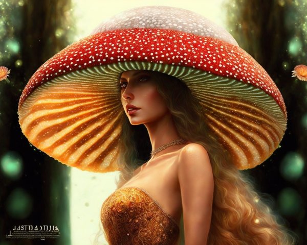 Mystical figure in oversized mushroom hat in forest