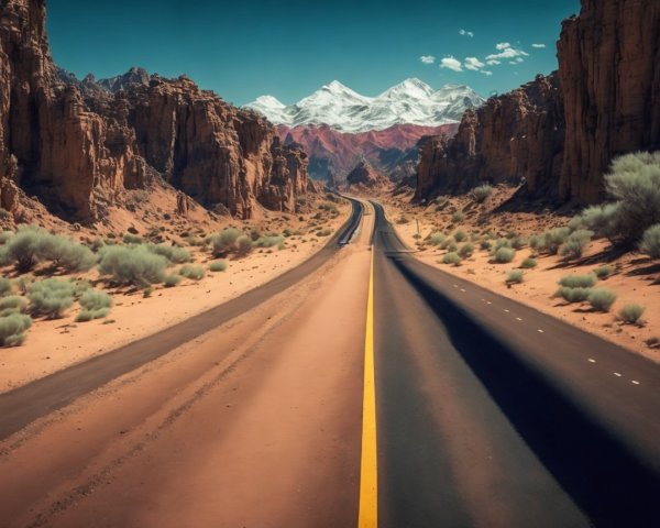Desert Landscape with Winding Road and Mountains