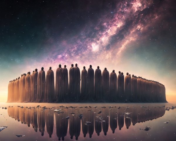 Cloaked Figures Silhouetted Against Cosmic Landscape