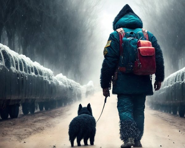 Winter Landscape with Figure and Dog on Snowy Road