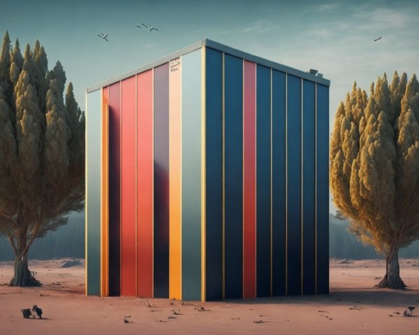 Surreal Landscape with Colorful Vertical Striped Object