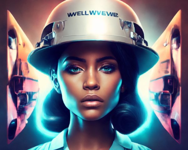 Portrait of a Woman in Metallic Hard Hat with Orange Background