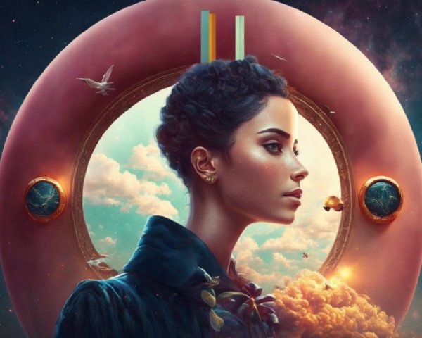 Contemplative Woman Against Cosmic Backdrop with Frame