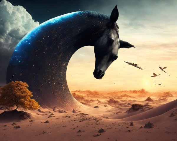 Surreal Landscape with Cosmic Horse and Distant Planets
