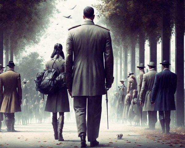 Misty Procession of Figures on Tree-Lined Path