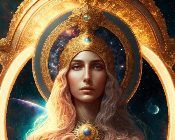 Majestic Woman with Golden Crown in Cosmic Setting