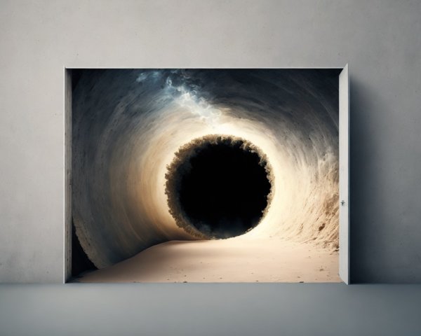 Open Door in Minimalist Room Revealing Spiraling Tunnel