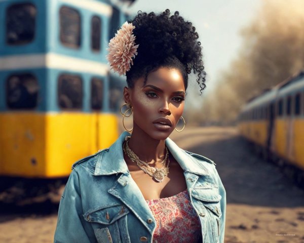 Portrait of a Woman with Curly Hair and Vintage Trains