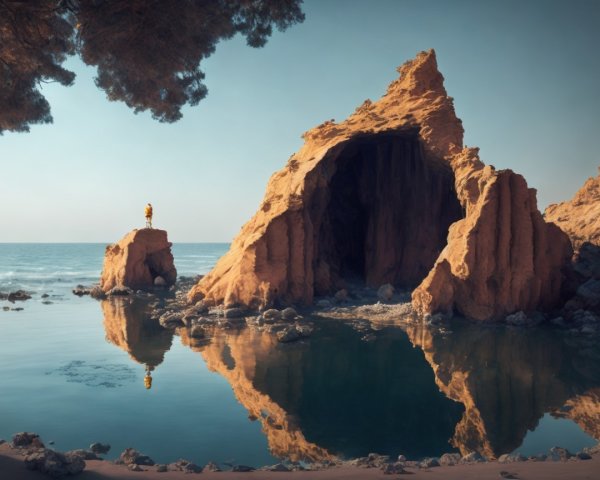 Serene Coastal Scene with Rock Formation and Cave