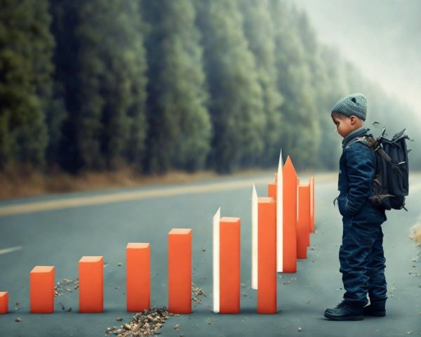Young boy observes orange bar graphs in misty forest