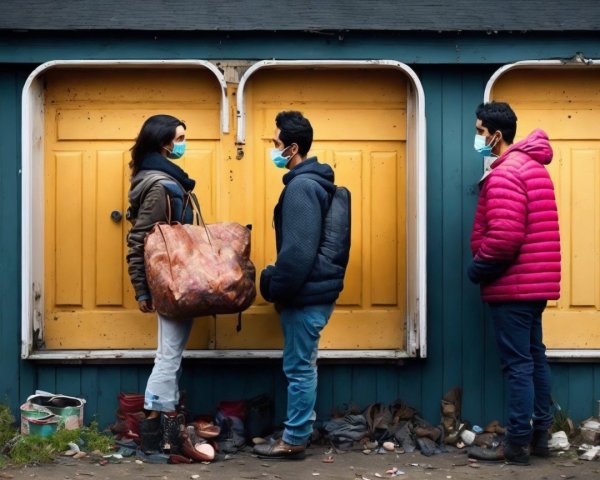 Three People in Front of Bright Yellow Doors with Masks