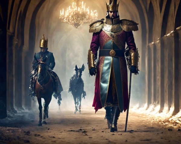 Regal Figures on Horses in a Dimly Lit Corridor