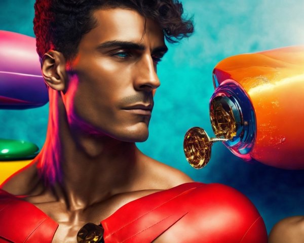 Muscular Man in Vibrant Superhero Costume with Props