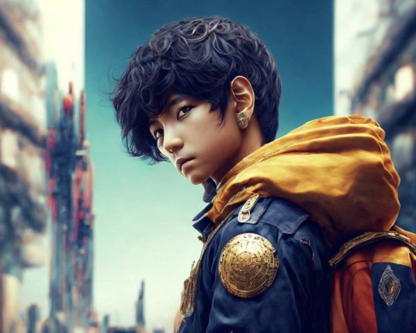 Young individual in urban fashion with futuristic backdrop