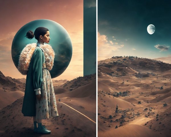 Young girl in whimsical outfit in surreal landscape