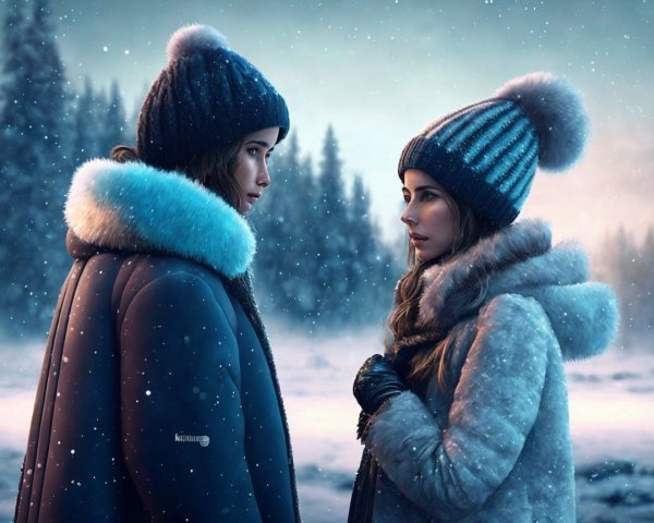 Winter Landscape with Two Women in Stylish Coats