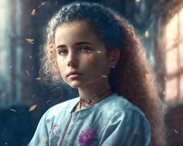 Young girl with curly hair in an autumn setting