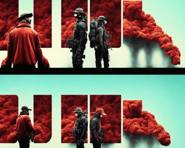 Heavily Armed Figures in Tactical Gear with Red Smoke