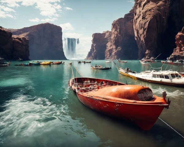 Vibrant Boat in Serene Turquoise Water Landscape