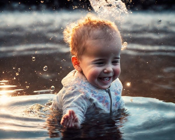 Joyful baby splashing in shallow water at sunset