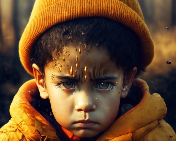 Young Boy in Orange Beanie with Serious Expression