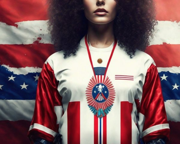 Figure in Vibrant Jersey with Patriotic Colors and Flag
