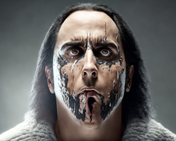 Male figure with dramatic makeup and intense expression