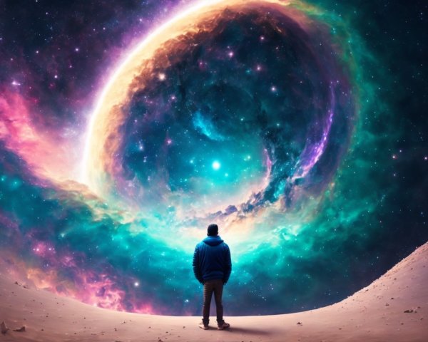 Lone Figure in a Colorful Cosmic Landscape