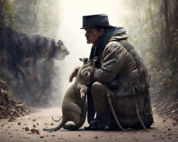 Rugged Man with Small Animal in Misty Forest Setting