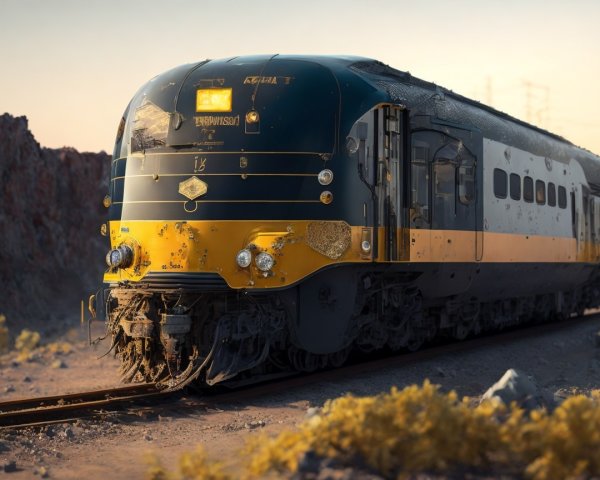 Vintage black and yellow train on dusty track in desert