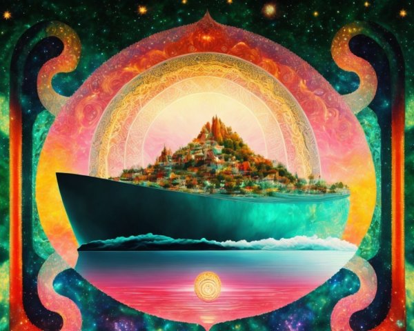 Surreal Ship with Lush Greenery on Tranquil Waters