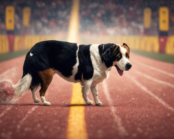 Playful Dog on Vibrant Red Track at Lively Event