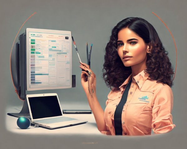 Professional Woman at Desk with Financial Graph Display