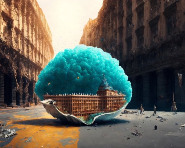 Surreal Landscape with Grand Building in Blue Cloud