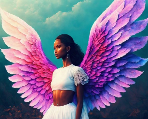 A young woman with colorful wings outdoors in profile