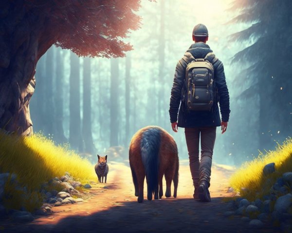 Serene Forest Path with Traveler and Animals