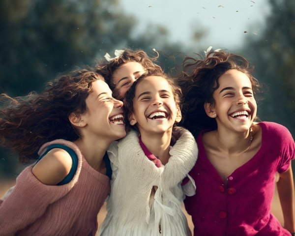 Joyful outdoor scene of four girls laughing together