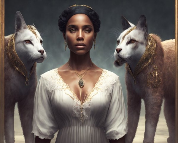 Regal Woman in Elegant Dress with Majestic Cats