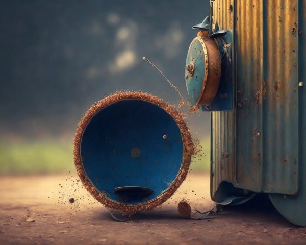 Rusty Blue Container Spilling Contents on Dusty Ground
